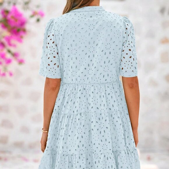 Light Blue Boho Women's Embroidered Eyelet V-Neck Mini Dress Ruffle Tiered - Picture 2 of 5